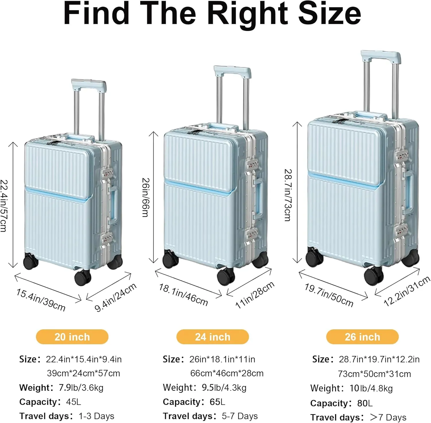 Hard Shell Luggage 20 Inch Travel Luggage, Carry-On Luggage Spinner TSA with Lid, PC ABS Aluminum Frame，Lightweight Travel Luggage 20'' 24'' 26''Carry-On (upgraded blue, 20 inch)
