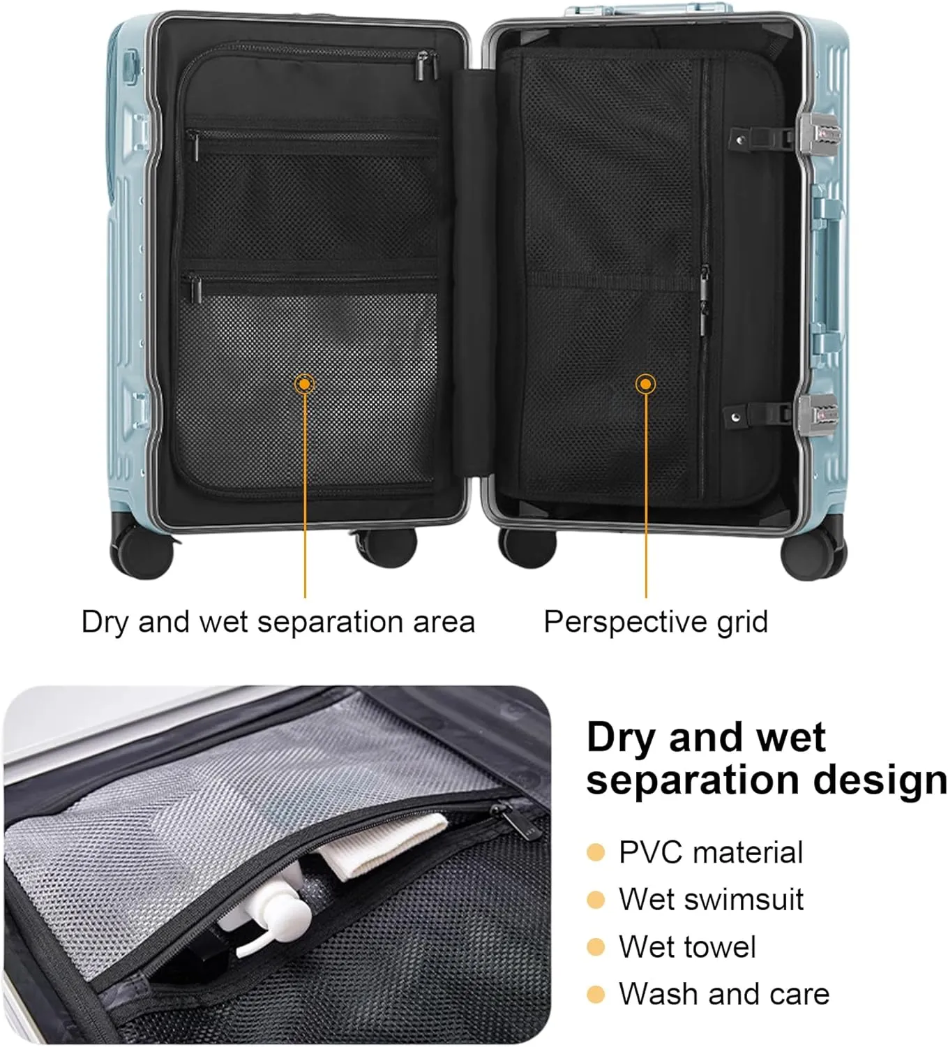 Hard Shell Luggage 20 Inch Travel Luggage, Carry-On Luggage Spinner TSA with Lid, PC ABS Aluminum Frame，Lightweight Travel Luggage 20'' 24'' 26''Carry-On (upgraded blue, 20 inch)