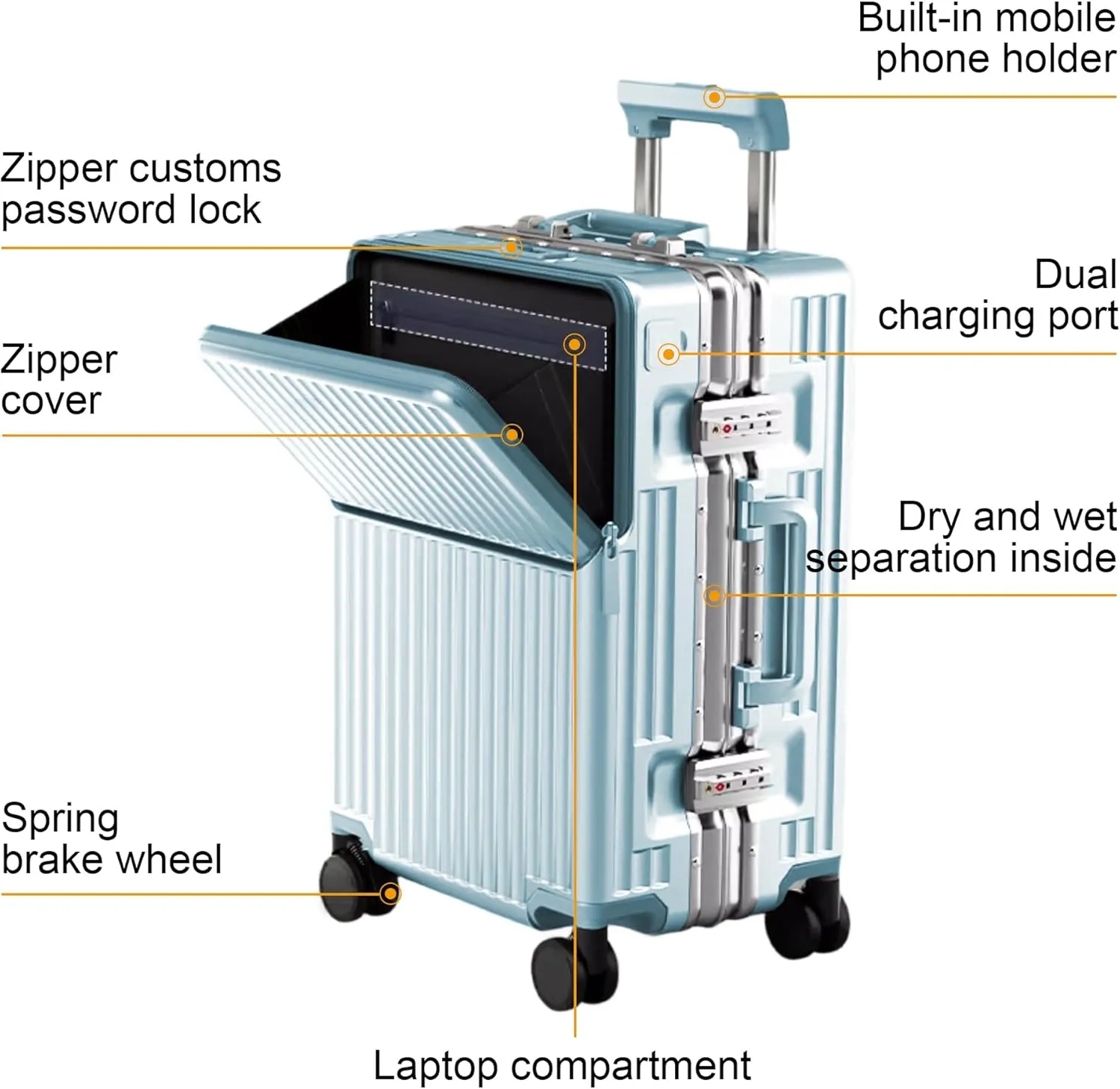 Hard Shell Luggage 20 Inch Travel Luggage, Carry-On Luggage Spinner TSA with Lid, PC ABS Aluminum Frame，Lightweight Travel Luggage 20'' 24'' 26''Carry-On (upgraded blue, 20 inch)