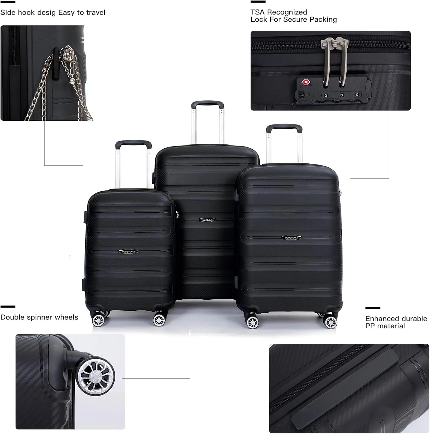 Hardshell Luggage Sets 3 Piece, Lightweight Suitcase Set with Spinner Wheels TSA Lock, Travel Carry-on and Checked Luggage, 3-Piece Set(20/24/28), Dark Black