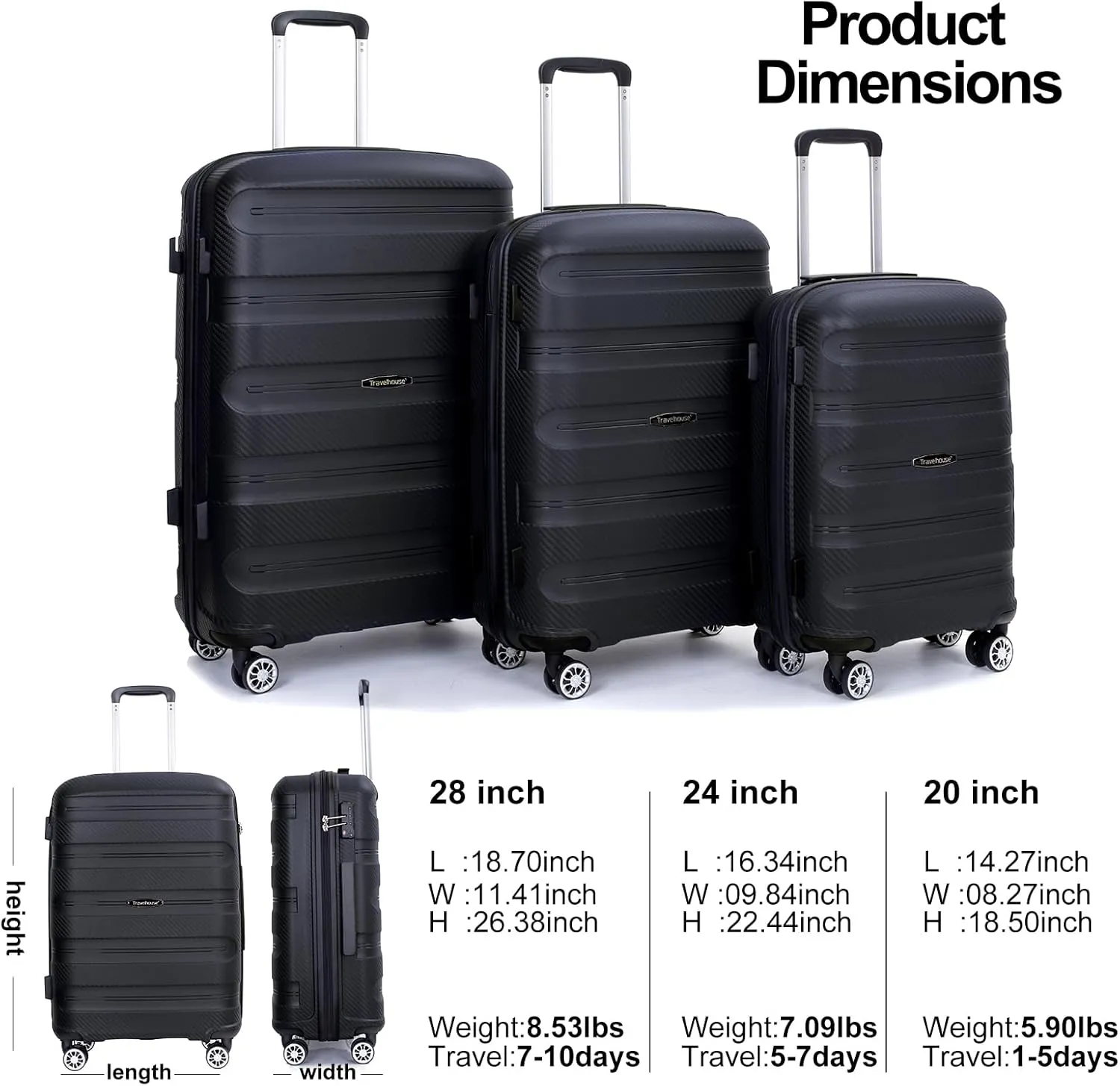 Hardshell Luggage Sets 3 Piece, Lightweight Suitcase Set with Spinner Wheels TSA Lock, Travel Carry-on and Checked Luggage, 3-Piece Set(20/24/28), Dark Black