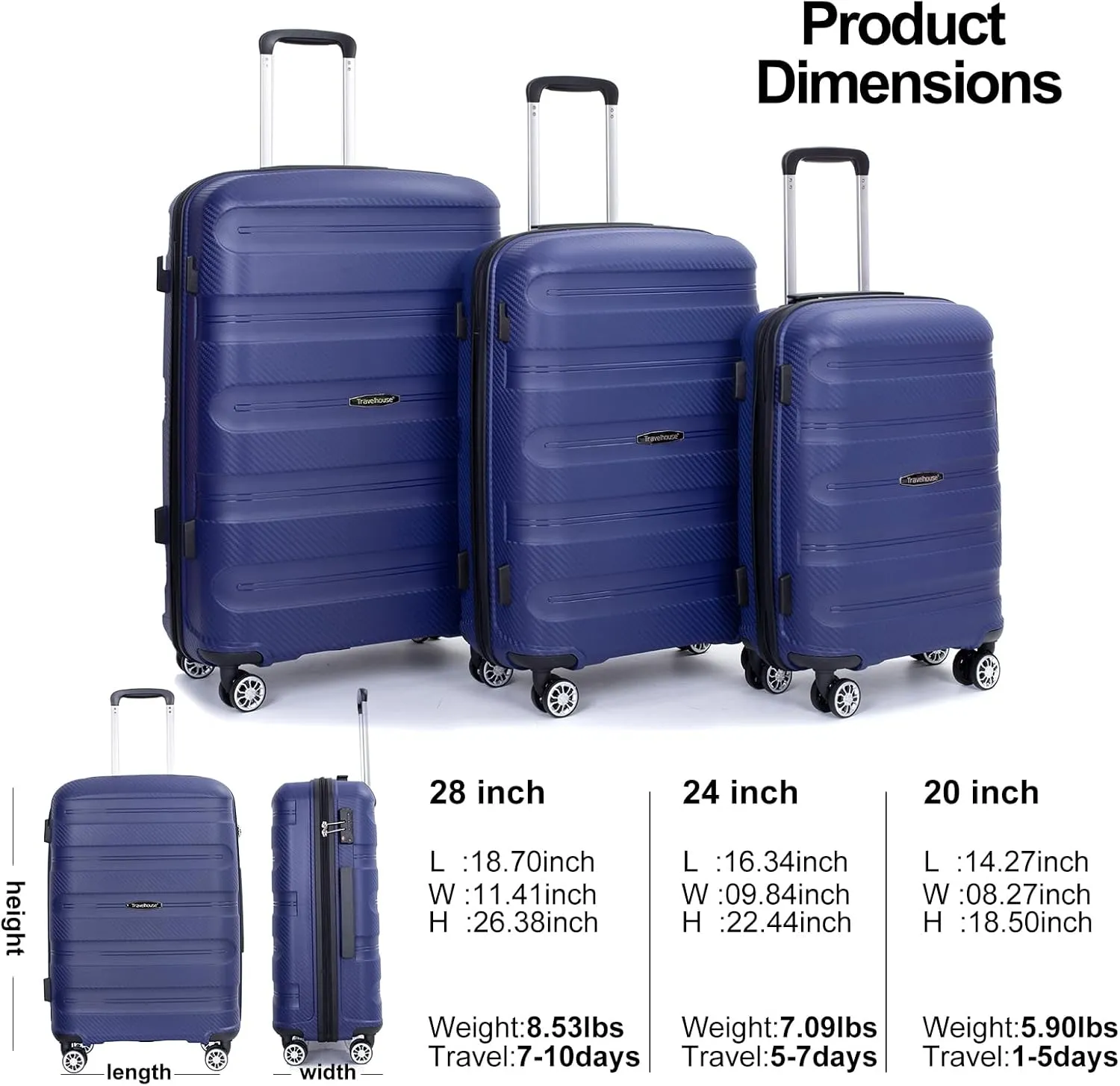 Hardshell Luggage Sets 3 Piece, Lightweight Suitcase Set with Spinner Wheels TSA Lock, Travel Carry-on and Checked Luggage, 3-Piece Set(20/24/28), Dark Bule