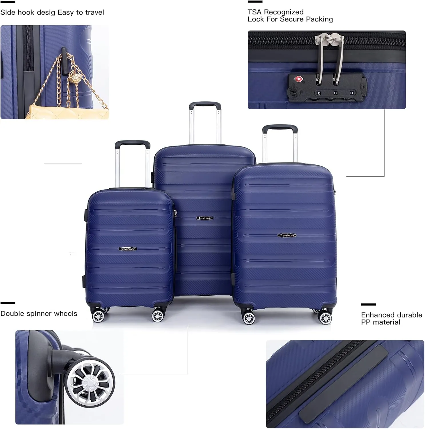 Hardshell Luggage Sets 3 Piece, Lightweight Suitcase Set with Spinner Wheels TSA Lock, Travel Carry-on and Checked Luggage, 3-Piece Set(20/24/28), Dark Bule
