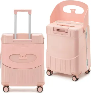 Hardside 22'' Luggage with Seat for Kids & Adults, 360° Lockable Spinner Wheels Travel Suitcase with TSA Approved Lock and Seat Belts(Pink, 22-Inch)