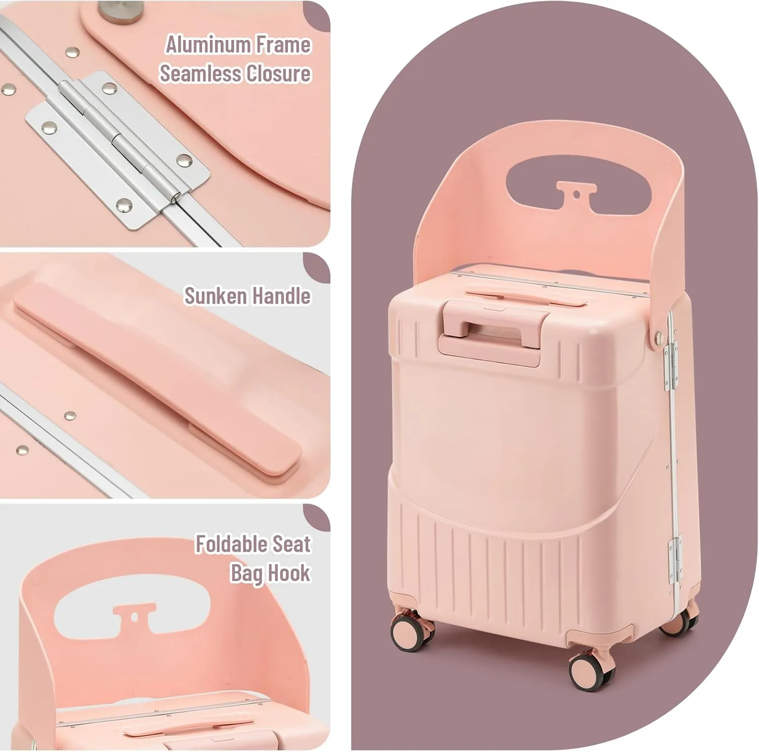 Hardside 22'' Luggage with Seat for Kids & Adults, 360° Lockable Spinner Wheels Travel Suitcase with TSA Approved Lock and Seat Belts(Pink, 22-Inch)