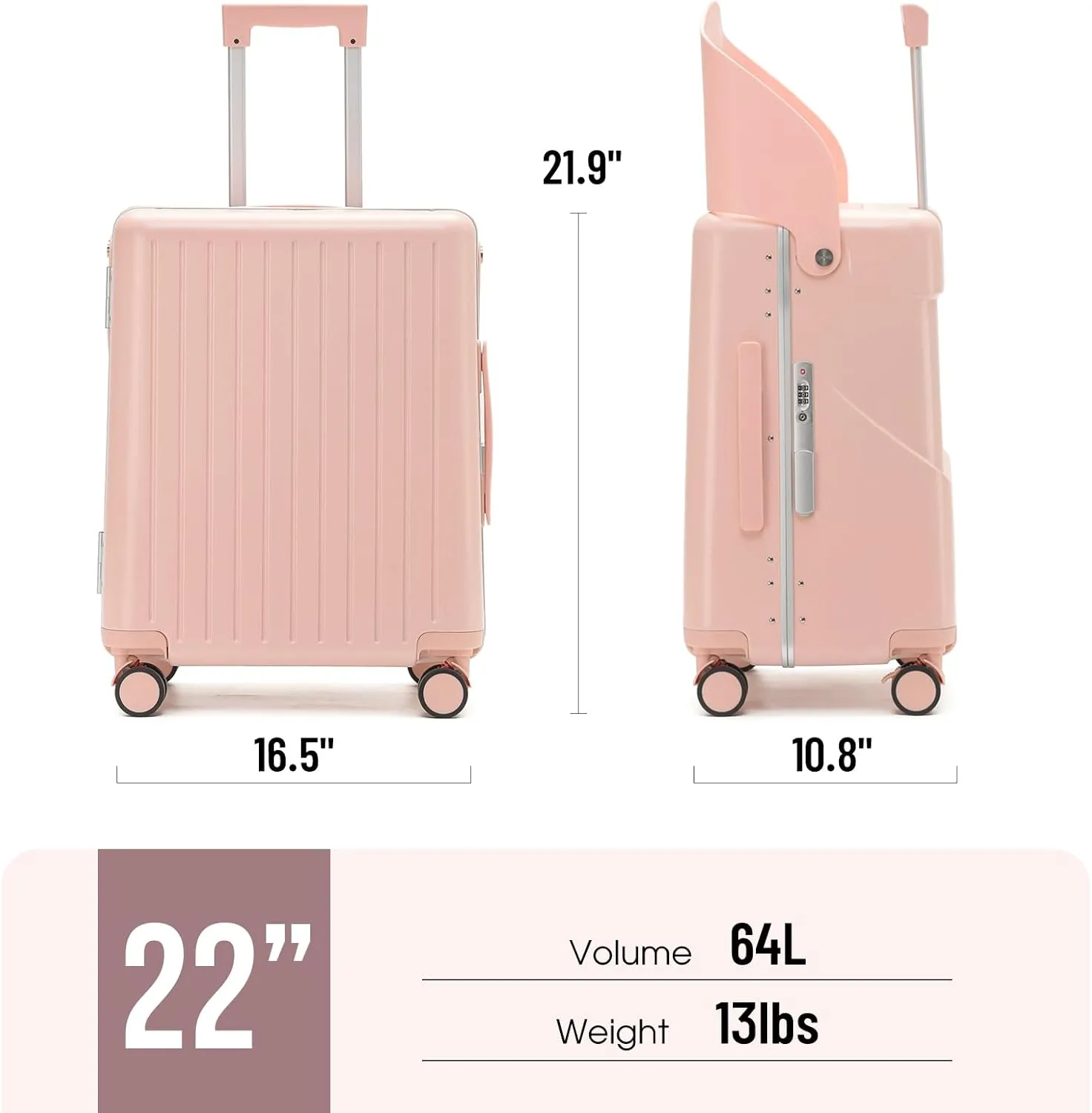 Hardside 22'' Luggage with Seat for Kids & Adults, 360° Lockable Spinner Wheels Travel Suitcase with TSA Approved Lock and Seat Belts(Pink, 22-Inch)