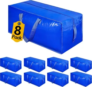 Heavy Duty Extra Large Moving Bags W/Strong Handle & Zippers, Storage Totes For Space Saving, Fold Flat, Alternative to Box and Bin, Storage Bags for Clothing Dorm Travel Camping (Set of 8, Blue)