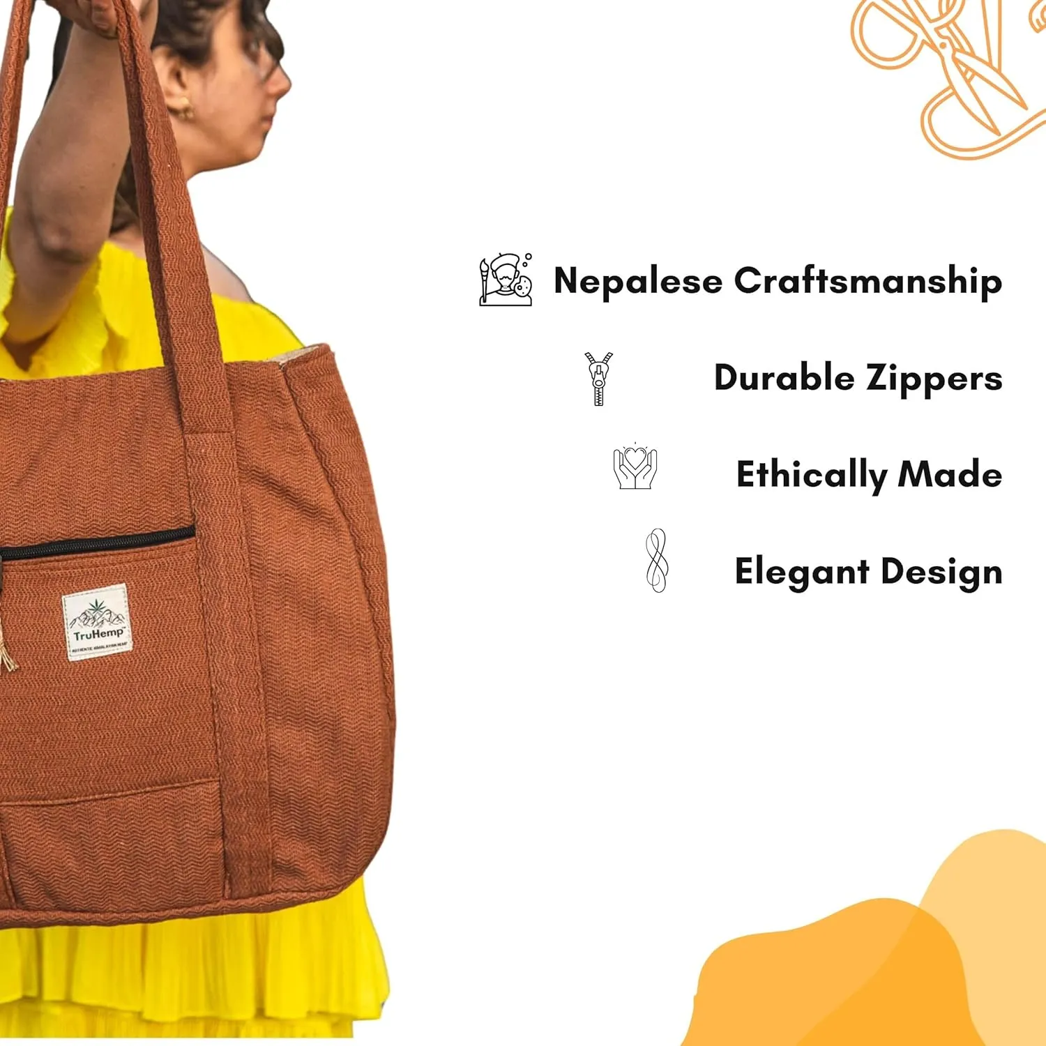 Hemp Shopping Tote Bag with Dual Zippered Compartments | Spacious Eco Market Bag with Cotton Lining | 10L Capacity