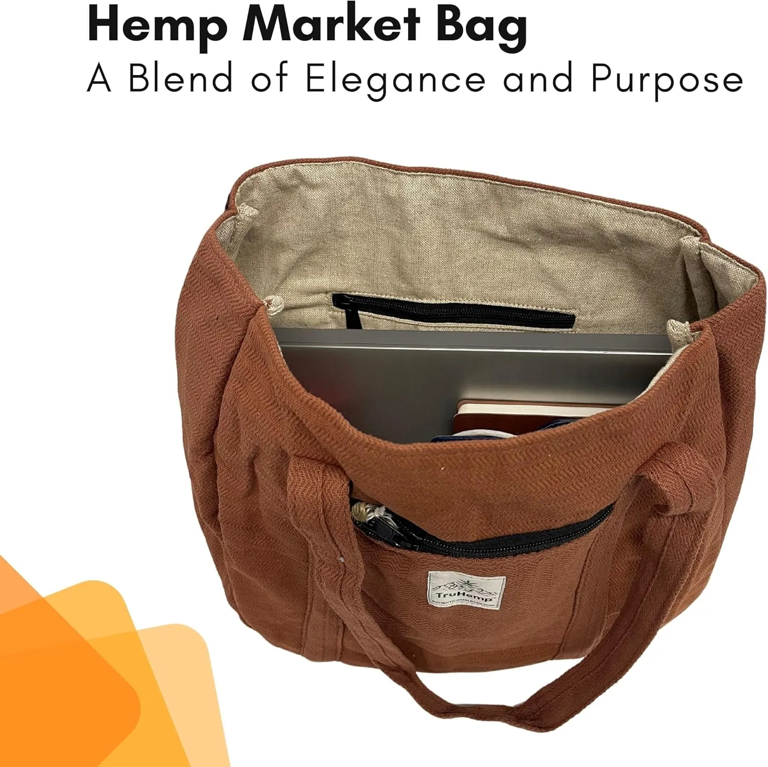Hemp Shopping Tote Bag with Dual Zippered Compartments | Spacious Eco Market Bag with Cotton Lining | 10L Capacity