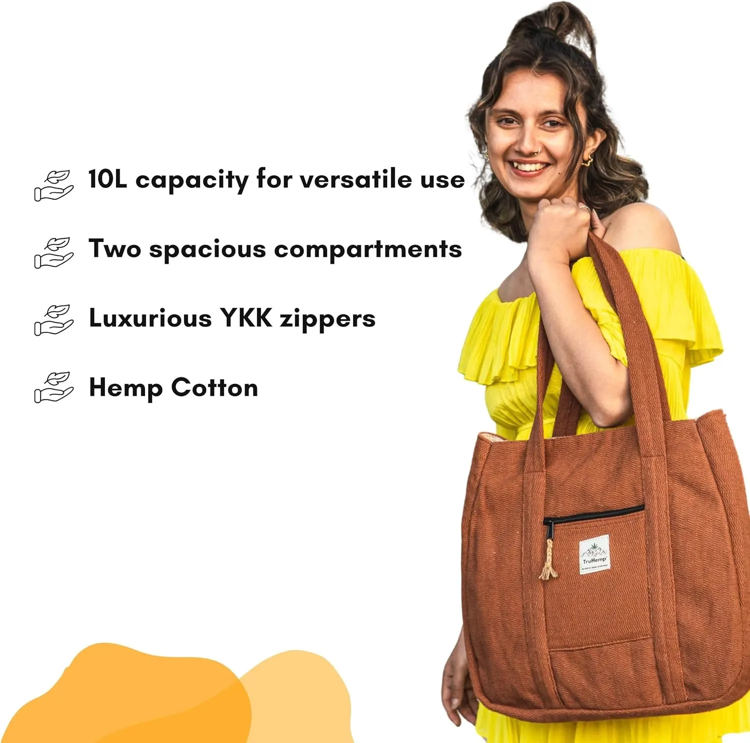 Hemp Shopping Tote Bag with Dual Zippered Compartments | Spacious Eco Market Bag with Cotton Lining | 10L Capacity