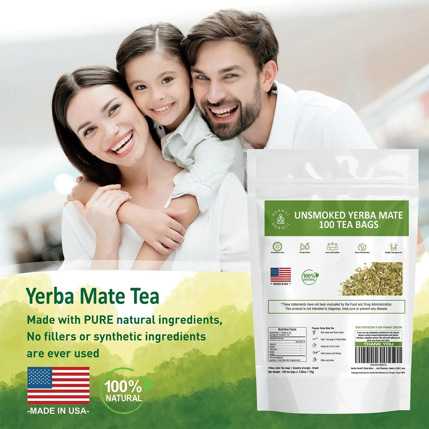 Herbal Hermit Yerba Mate Tea with 100 tea bags Natural Unsmoked Yerba Matte Rich in Chlorophyll, Made in USA