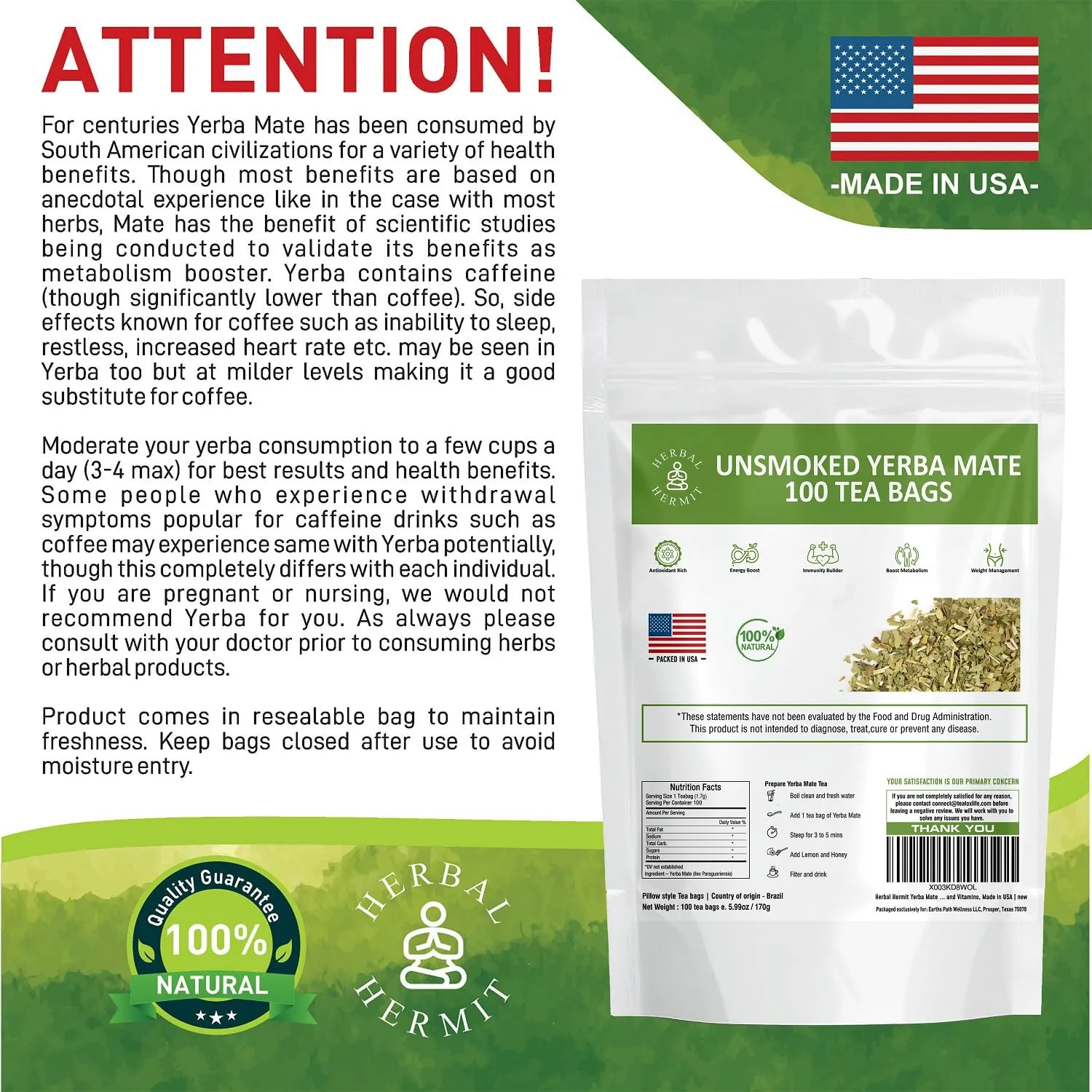 Herbal Hermit Yerba Mate Tea with 100 tea bags Natural Unsmoked Yerba Matte Rich in Chlorophyll, Made in USA