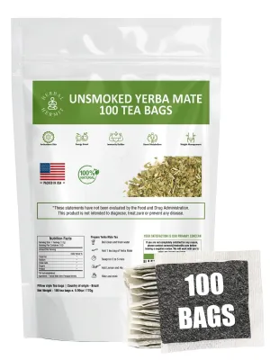 Herbal Hermit Yerba Mate Tea with 100 tea bags Natural Unsmoked Yerba Matte Rich in Chlorophyll, Made in USA
