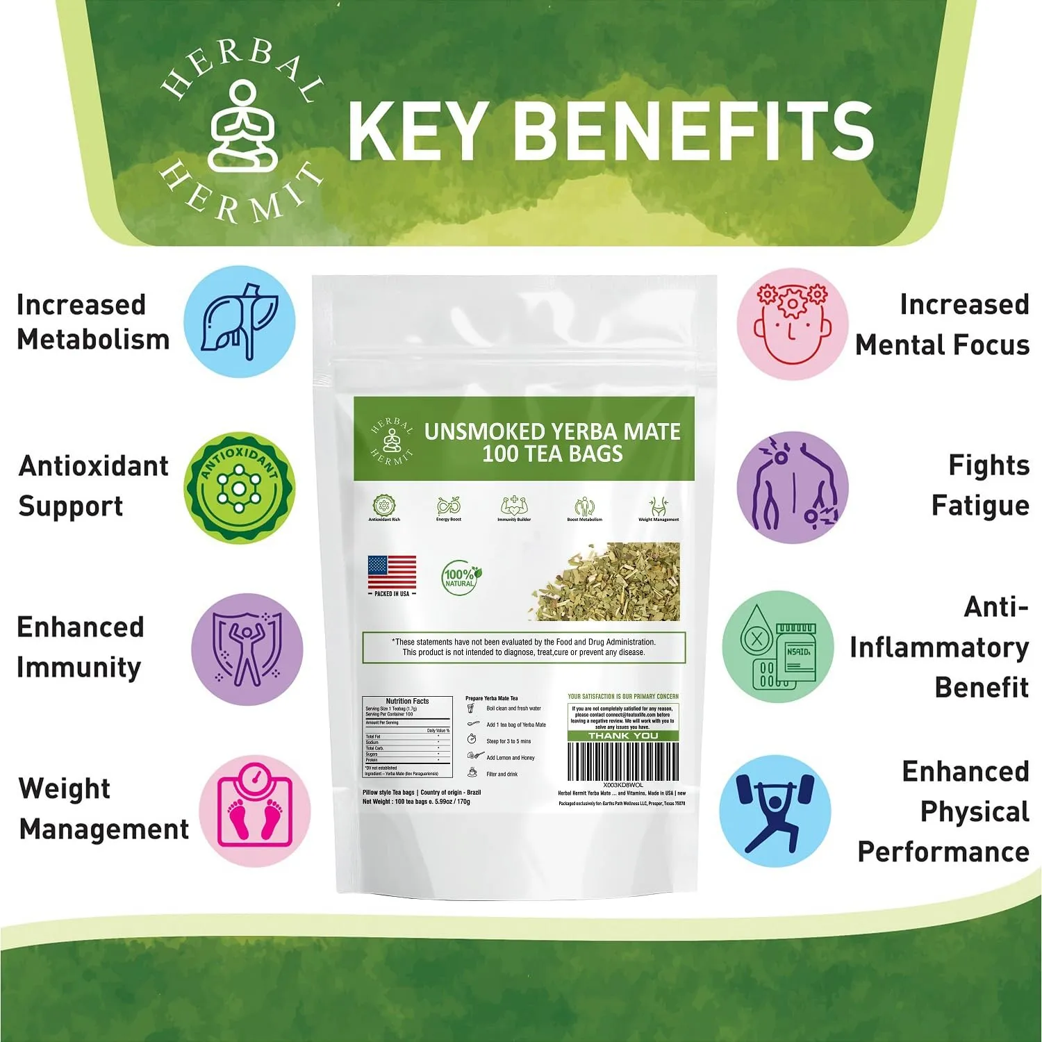 Herbal Hermit Yerba Mate Tea with 100 tea bags Natural Unsmoked Yerba Matte Rich in Chlorophyll, Made in USA