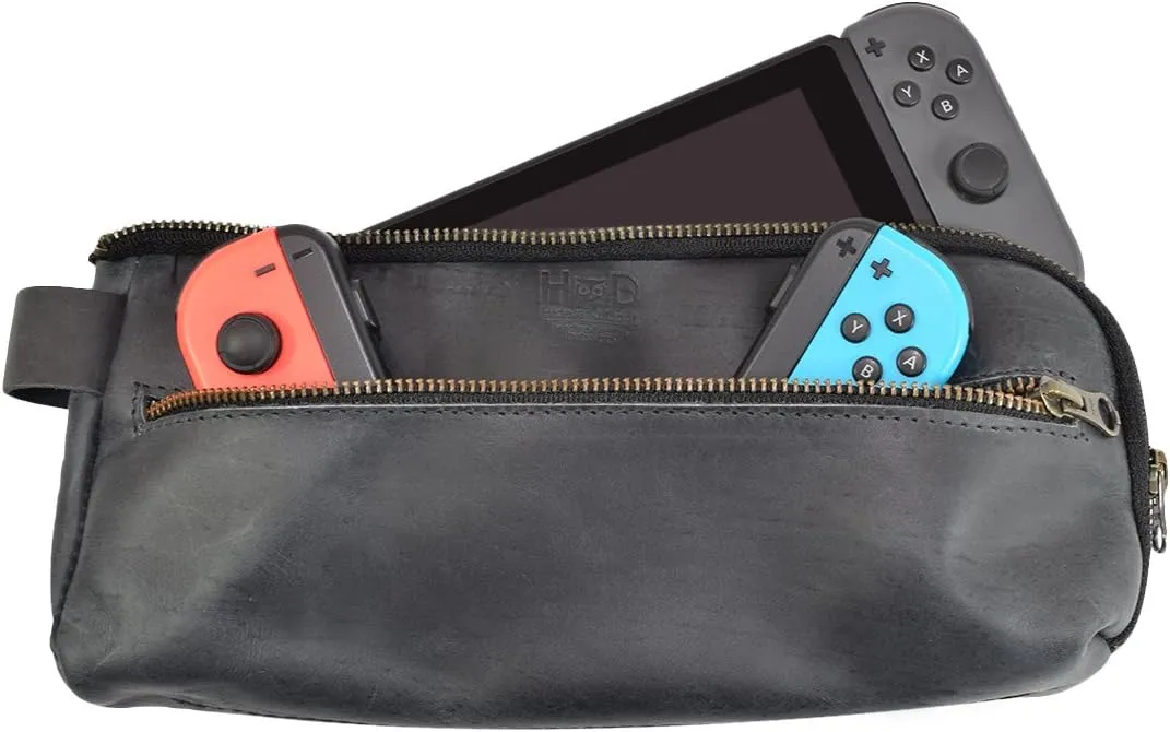 Hide & Drink, Carrying Case Compatible with Switch, Urban Travel Pouch, Soft Storage Bag, Scratch & Bump Protection, Minimalist Essentials, Full Grain Leather, Handmade, Charcoal Black