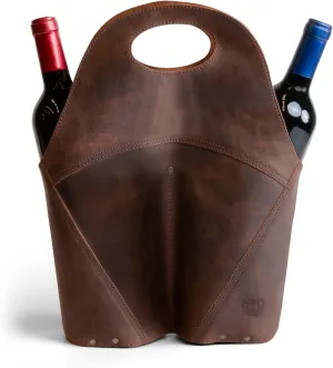 Hide & Drink, Double Wine Bottle Carrier, Holder Case for Bordeaux Bottle, Tote Bag, Travel Purse, Picnic, Full Grain Leather, Handmade, Bourbon Brown