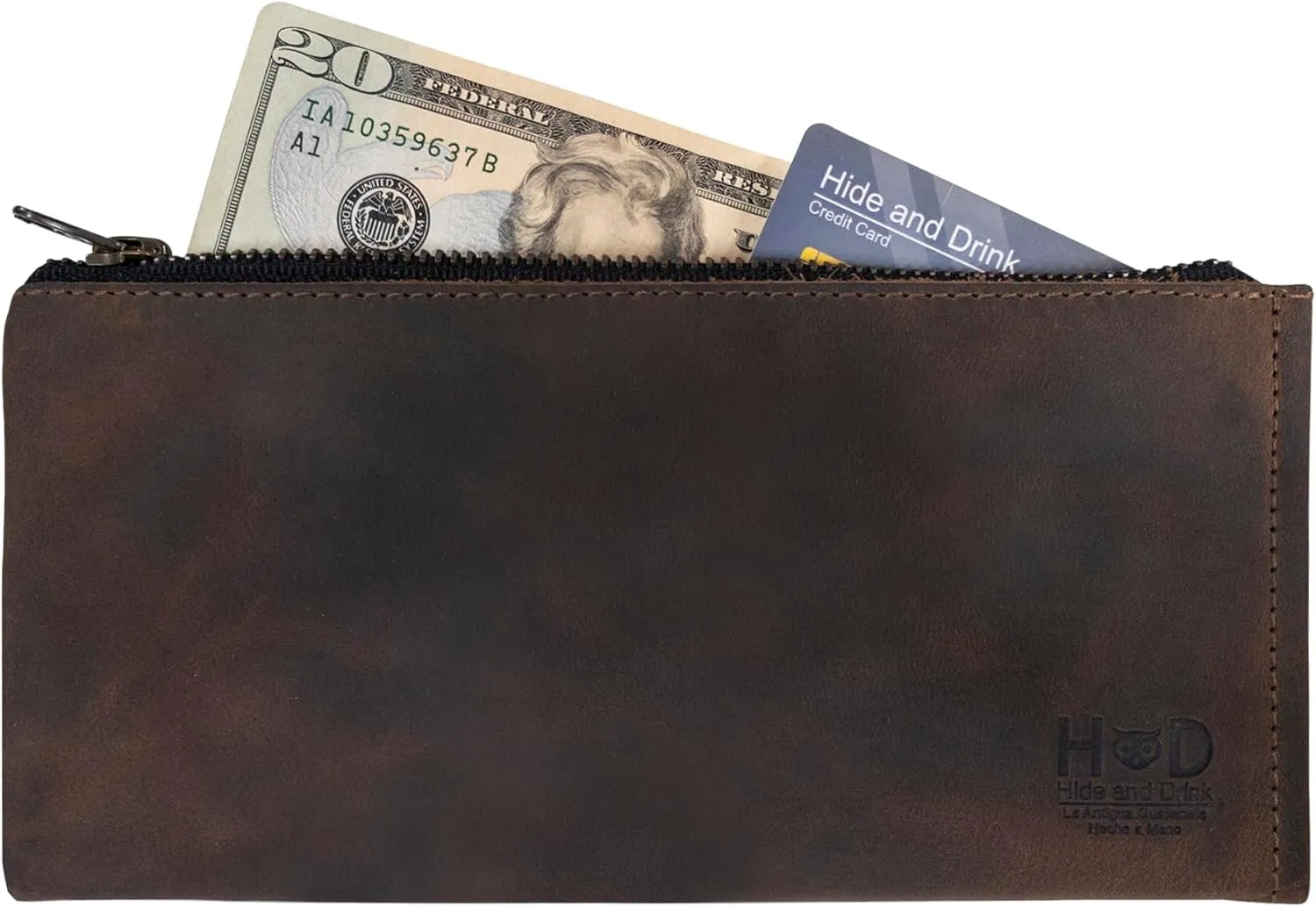 Hide & Drink, Rectangular Wallet with Inner Card Slots, Zippered Bag, Rustic Card Holder, Travel Accessory, Full Grain Leather, Handmade, Bourbon Brown