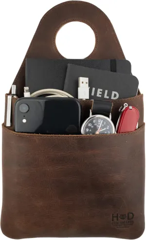 Hide & Drink, Seat Side Organizer for Gear Stick Handmade from Full Grain Leather, Portable Double Bag, Vintage Storage, Travel Accessories - Bourbon Brown