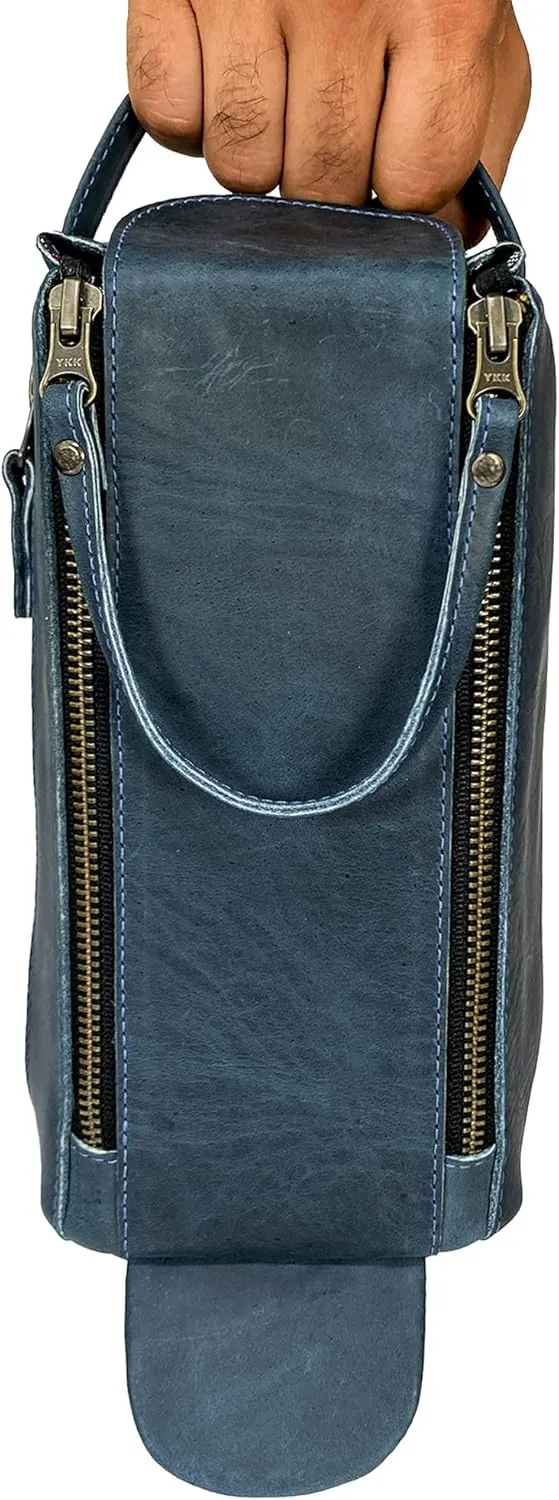 Hide & Drink, Toiletry Bag w/Handles, Hygiene Organizer, Travel Dopp, Razor Case, Bathroom, Shaving, Cosmetic Storage, Travel & Grooming Essentials, Full Grain Leather, Handmade, Slate Blue