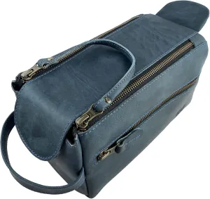 Hide & Drink, Toiletry Bag w/Handles, Hygiene Organizer, Travel Dopp, Razor Case, Bathroom, Shaving, Cosmetic Storage, Travel & Grooming Essentials, Full Grain Leather, Handmade, Slate Blue