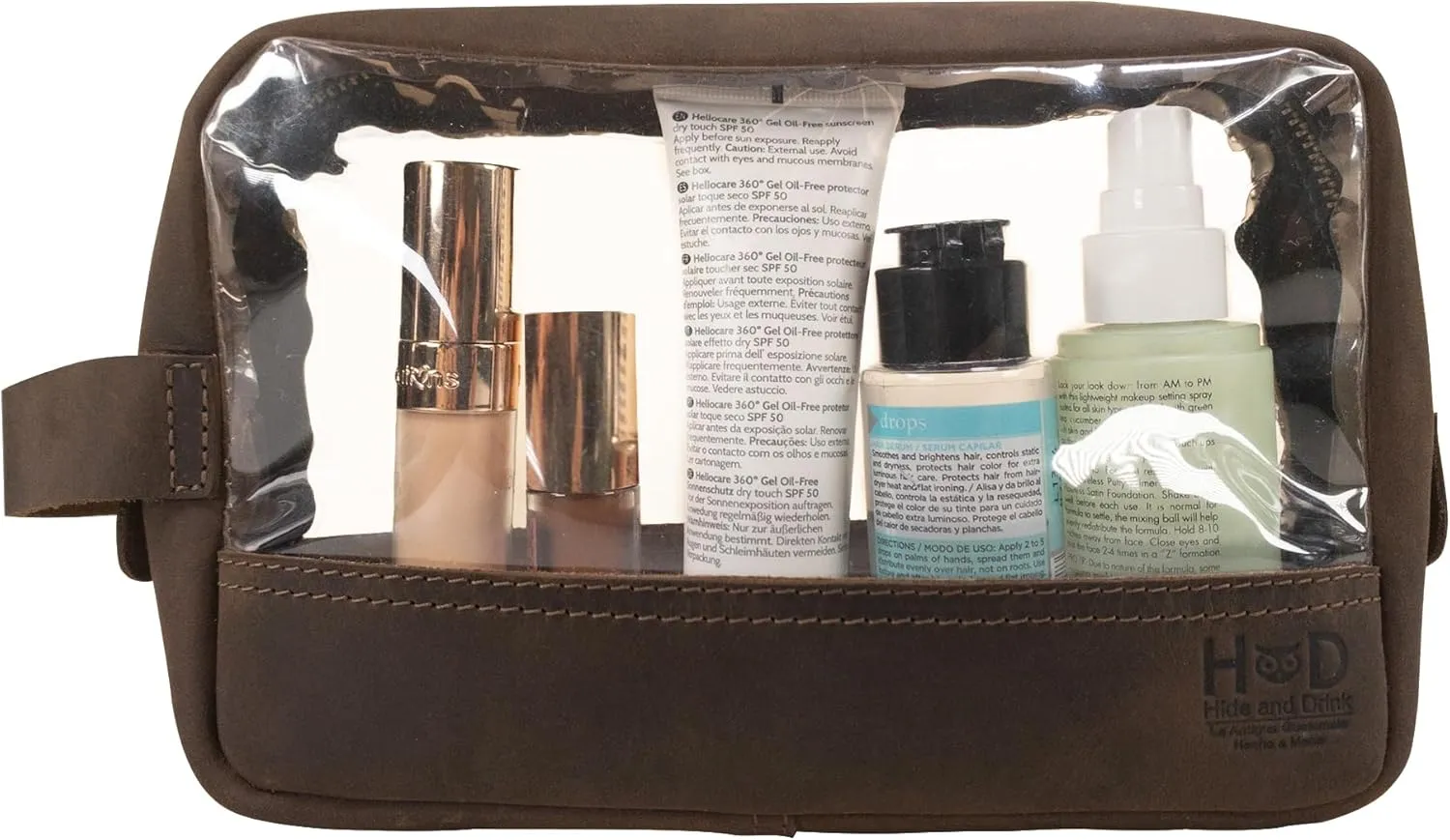 Hide & Drink, Transparent Bag for Makeup, Travel Organizer Pouch, Handmade from Full Grain Leather - Bourbon Brown