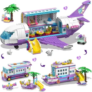 HOGOKIDS 3-in-1 Friends Airplane Building Toy Set - 808PCS Plane/Boat/Camper Van Building Toys with Cute 6 Mini Animals, Slide, Fun Accessories and Stickers, Birthday Gifts for Girls Boys Age 6-12 