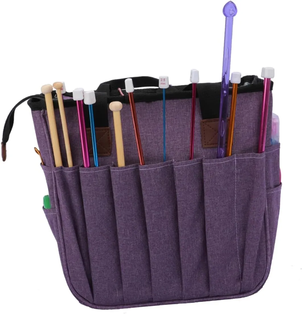 Hohopeti Yarn Storage Organizer Bag Shoulder Storage Bag for Crocheting Knitting Large Capacity Shoulder Yarn Bag Hand Woven Bag Multi-Compartment Woolen Yarn Storage Bag