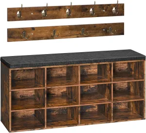 HOOBRO Shoe Storage Bench with Cushion, Entryway Bench, 39.4" Hall Tree, Coat Rack, 12 Cubbies, Holds up to 330 lb, Shoe Rack, Storage Cabinet for Bedroom, Hallway, Rustic Brown BF112HX01G1