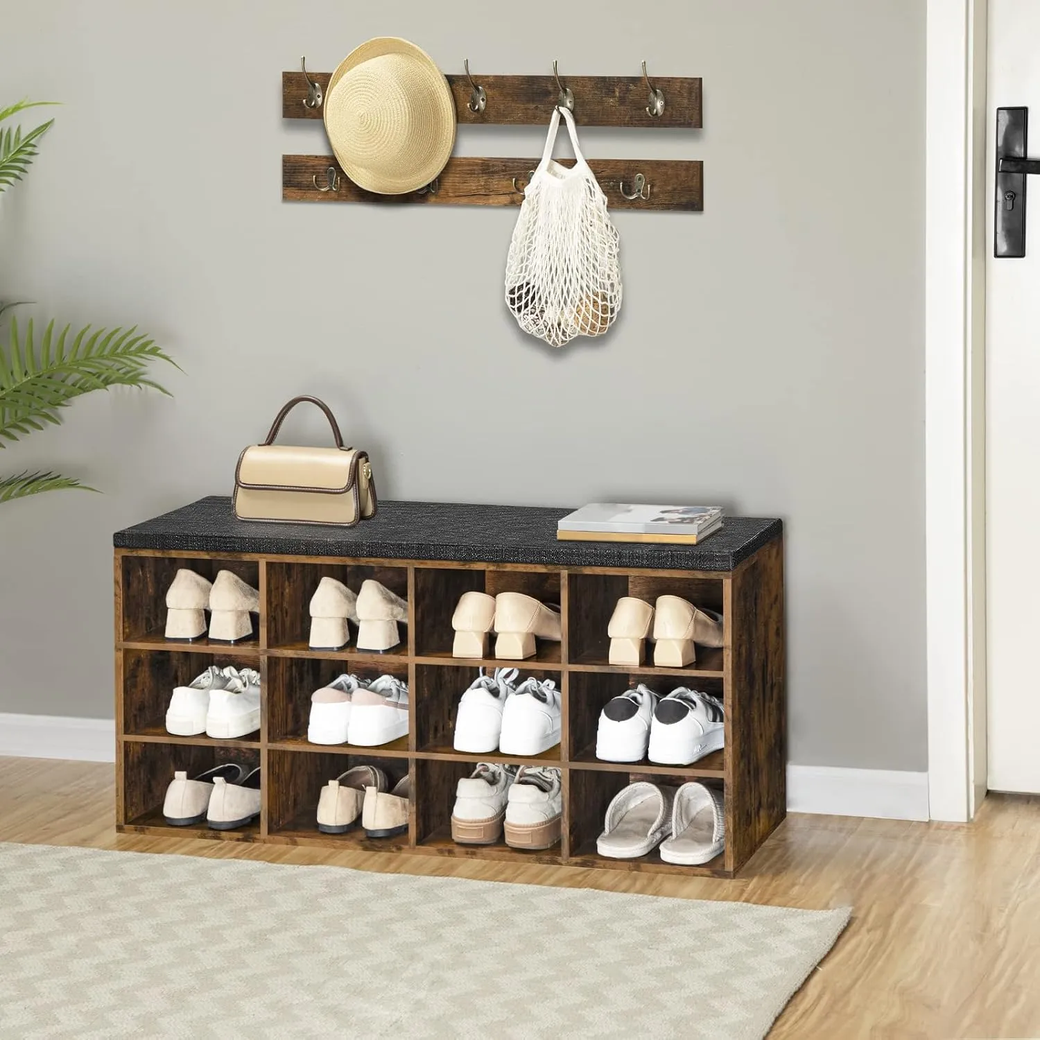 HOOBRO Shoe Storage Bench with Cushion, Entryway Bench, 39.4" Hall Tree, Coat Rack, 12 Cubbies, Holds up to 330 lb, Shoe Rack, Storage Cabinet for Bedroom, Hallway, Rustic Brown BF112HX01G1