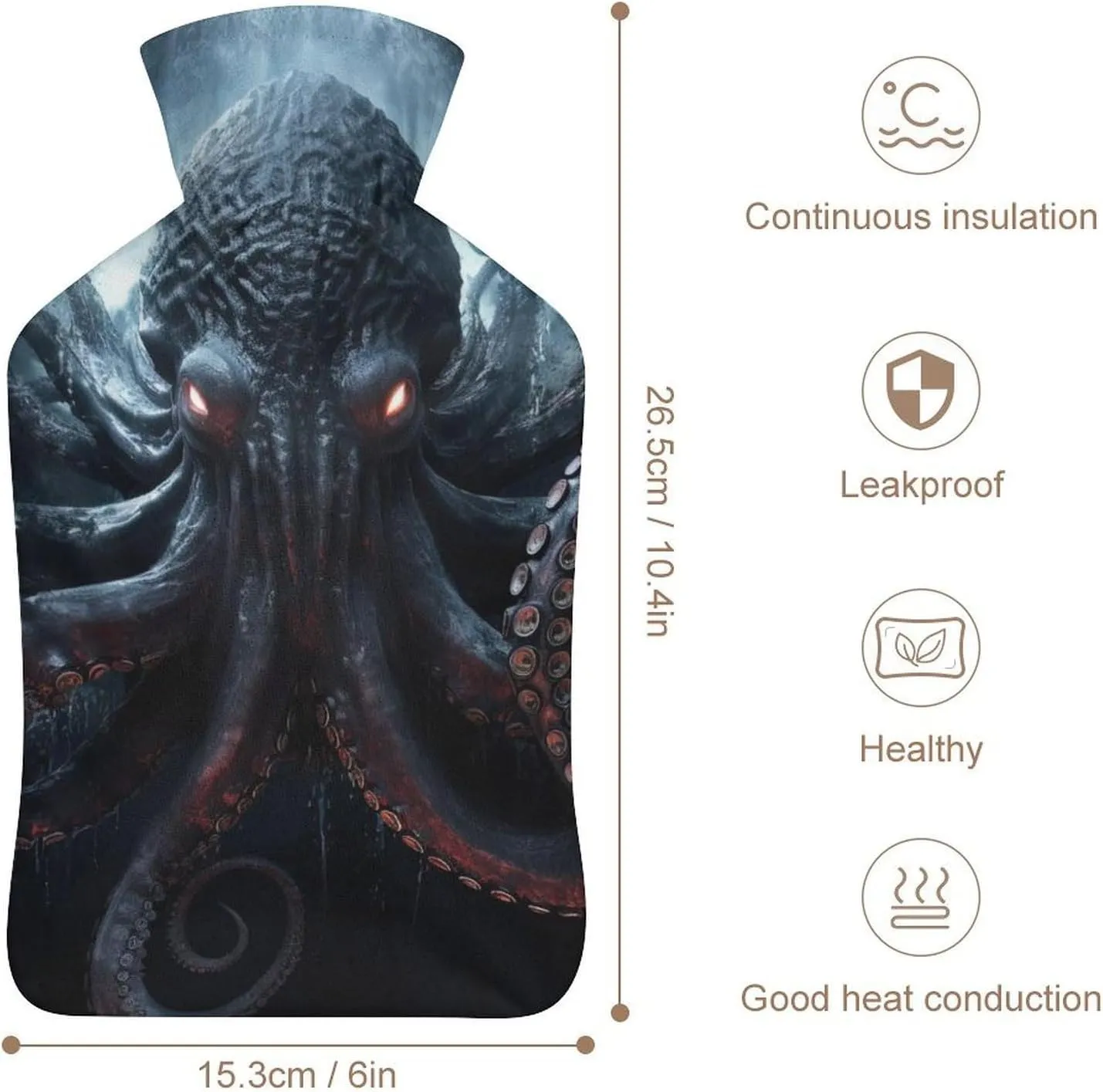 Hot Water Bottle with Soft Cover, Ocean Sea Monster 1L Warm Water Bag for Menstrual Cramps, Trippy Neck And Shoulder Pain Relief, Ideal for Hand & Feet Warmer for Kids, Men & Women, Hot & Cold Compres