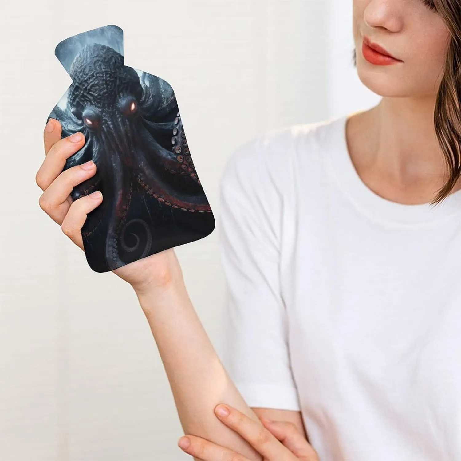 Hot Water Bottle with Soft Cover, Ocean Sea Monster 1L Warm Water Bag for Menstrual Cramps, Trippy Neck And Shoulder Pain Relief, Ideal for Hand & Feet Warmer for Kids, Men & Women, Hot & Cold Compres