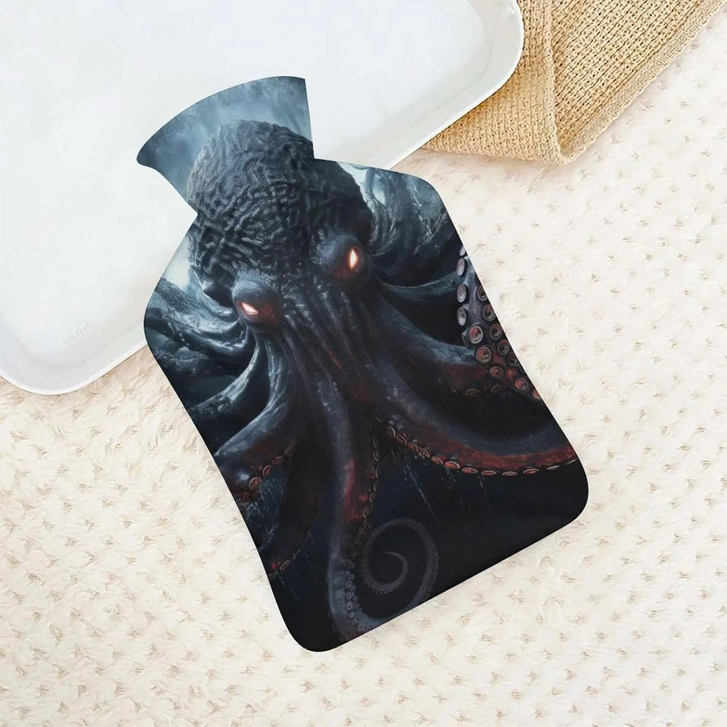 Hot Water Bottle with Soft Cover, Ocean Sea Monster 1L Warm Water Bag for Menstrual Cramps, Trippy Neck And Shoulder Pain Relief, Ideal for Hand & Feet Warmer for Kids, Men & Women, Hot & Cold Compres