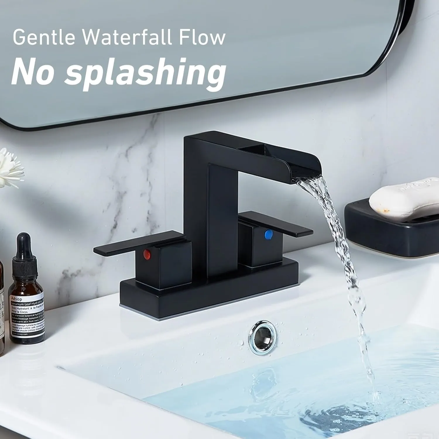 Hotis 4 Inch Centerset Bathroom Faucet Black, Square Matte Black & 2-Handle Modern Design, 3 Hole or 2 Hole with Metal Pop Up Drain for Bathroom, Restroom or RV Vanity Sink