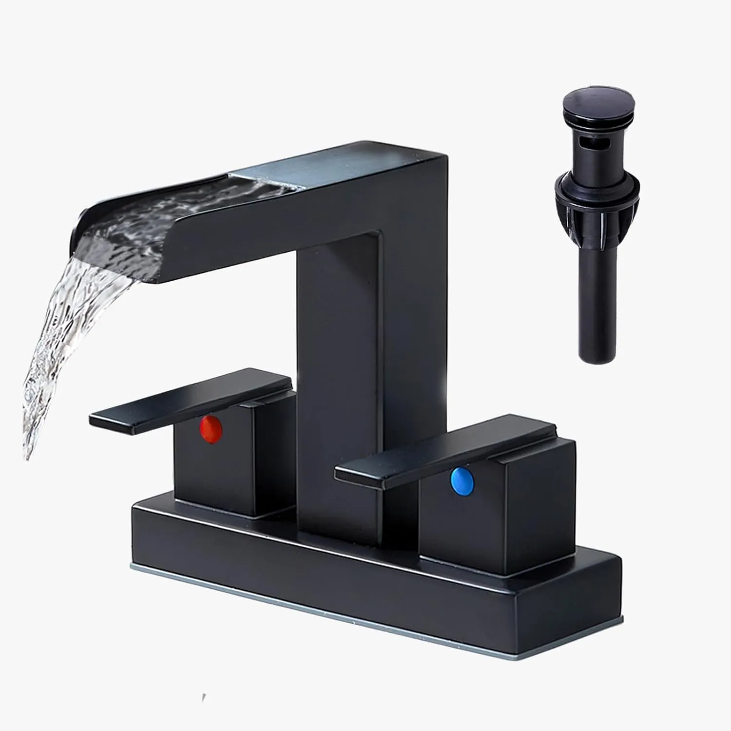 Hotis 4 Inch Centerset Bathroom Faucet Black, Square Matte Black & 2-Handle Modern Design, 3 Hole or 2 Hole with Metal Pop Up Drain for Bathroom, Restroom or RV Vanity Sink