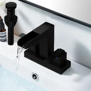 Hotis 4 Inch Centerset Bathroom Faucet Black, Square Matte Black & 2-Handle Modern Design, 3 Hole or 2 Hole with Metal Pop Up Drain for Bathroom, Restroom or RV Vanity Sink