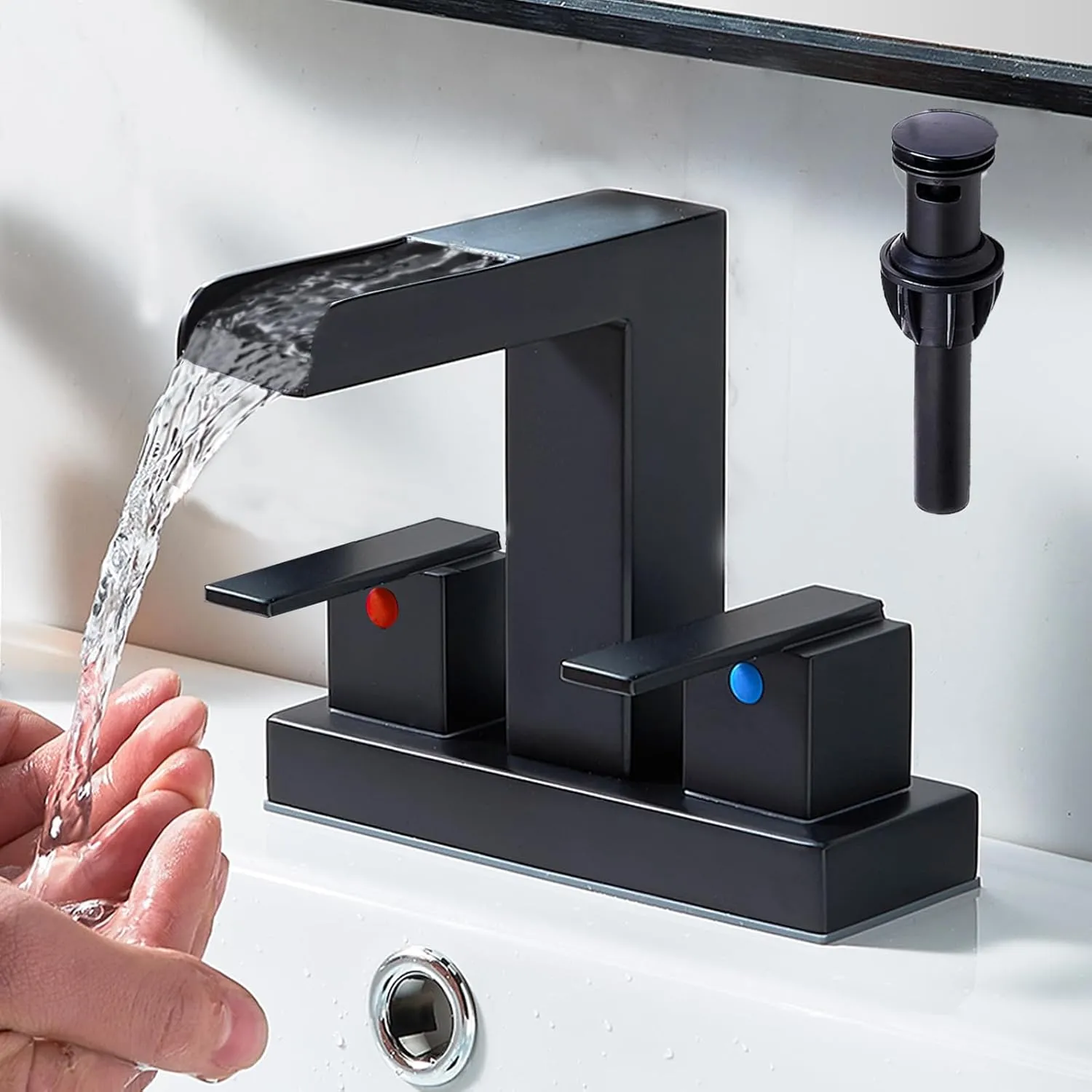 Hotis 4 Inch Centerset Bathroom Faucet Black, Square Matte Black & 2-Handle Modern Design, 3 Hole or 2 Hole with Metal Pop Up Drain for Bathroom, Restroom or RV Vanity Sink