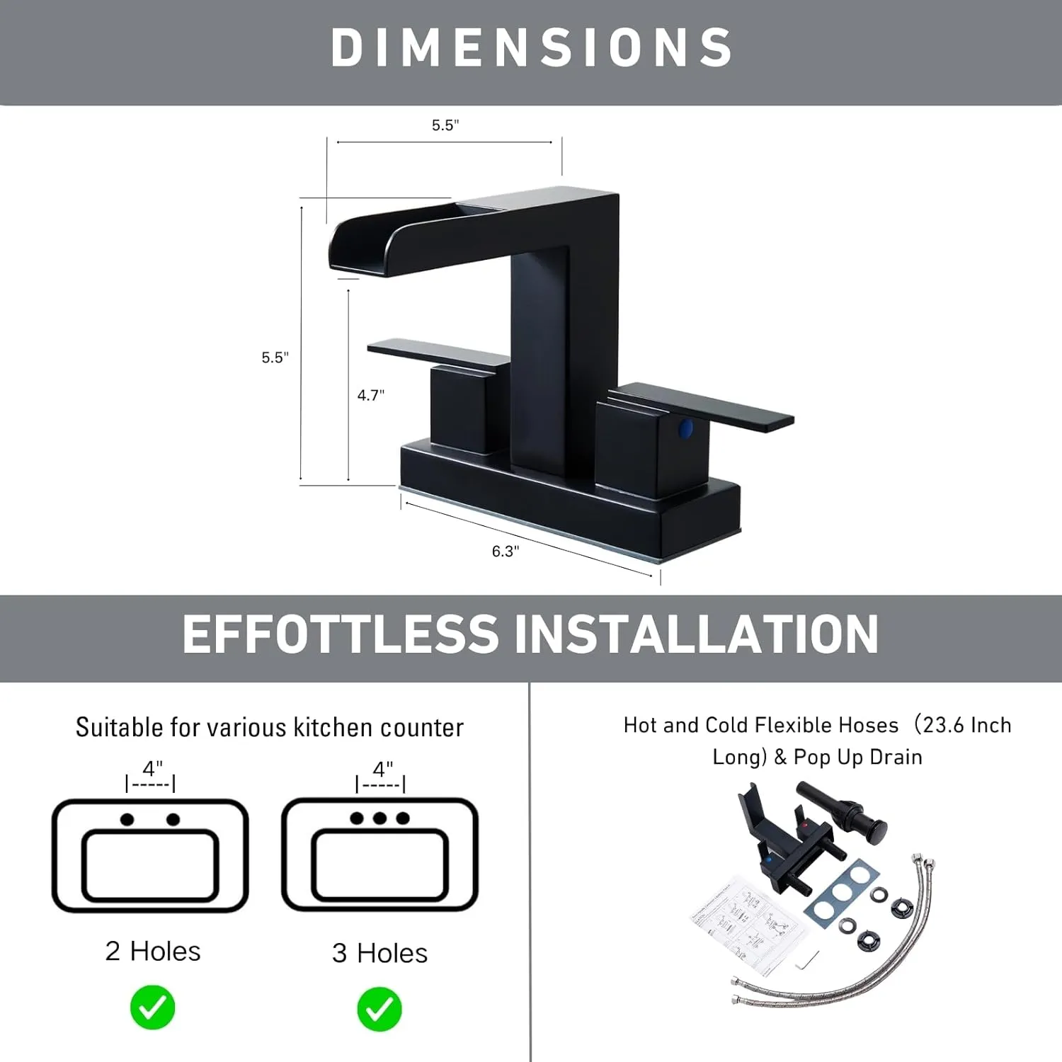 Hotis 4 Inch Centerset Bathroom Faucet Black, Square Matte Black & 2-Handle Modern Design, 3 Hole or 2 Hole with Metal Pop Up Drain for Bathroom, Restroom or RV Vanity Sink