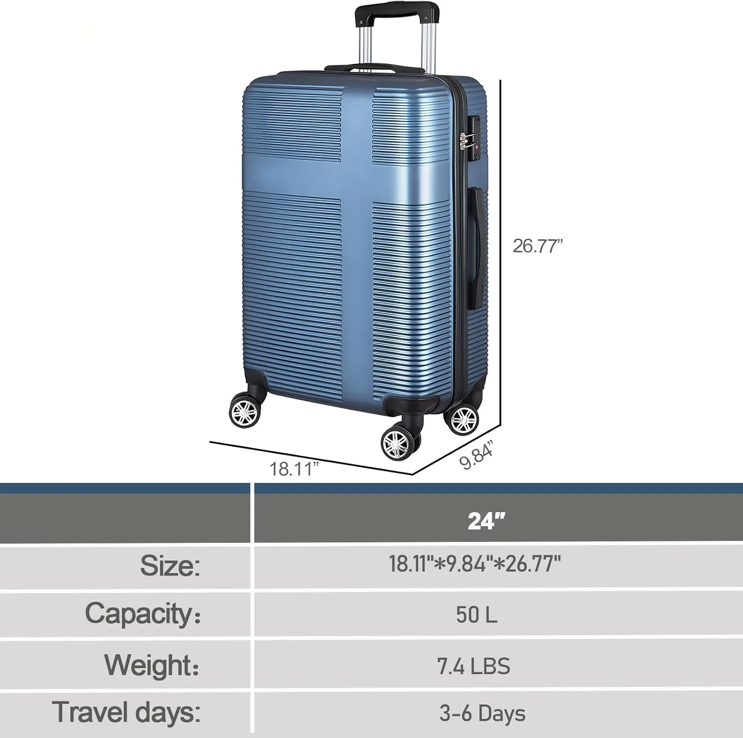 HOUAGI 24 Inch Luggage with Spinner Wheels,Lightweight Hard Shell Suitcase Checked luggage,Dark Blue