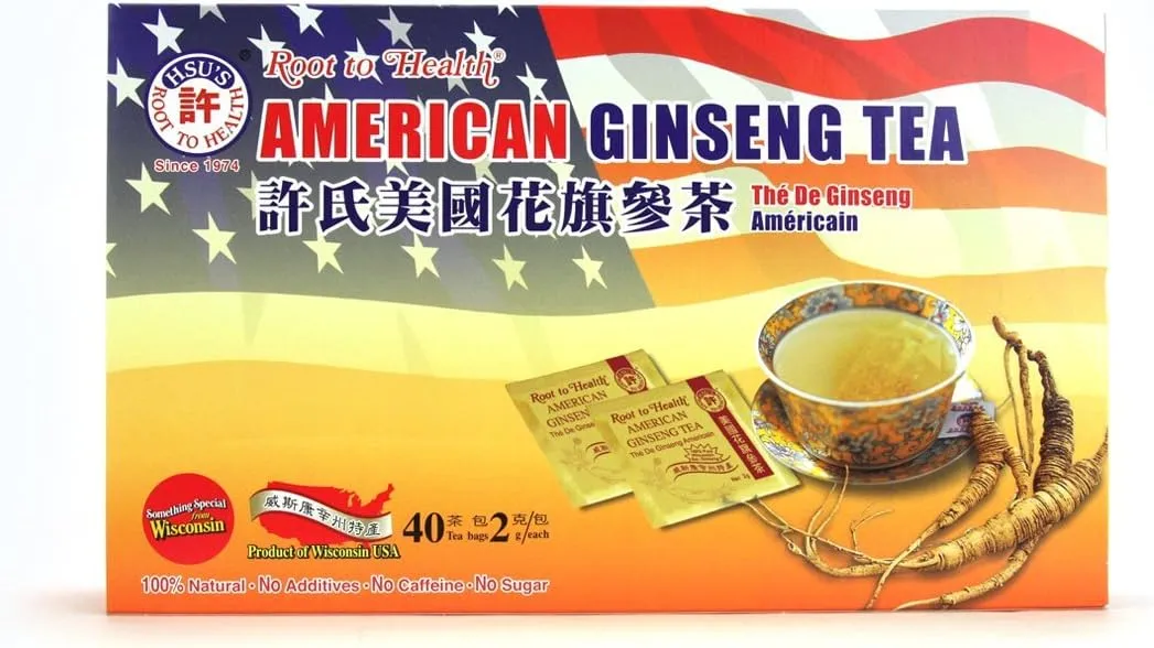 Hsu's Ginseng SKU 1038 | American Ginseng Tea, 40ct | Cultivated American Ginseng from Marathon County, Wisconsin USA | 许氏花旗参茶 | 40ct Box, 西洋参, B000153R4A
