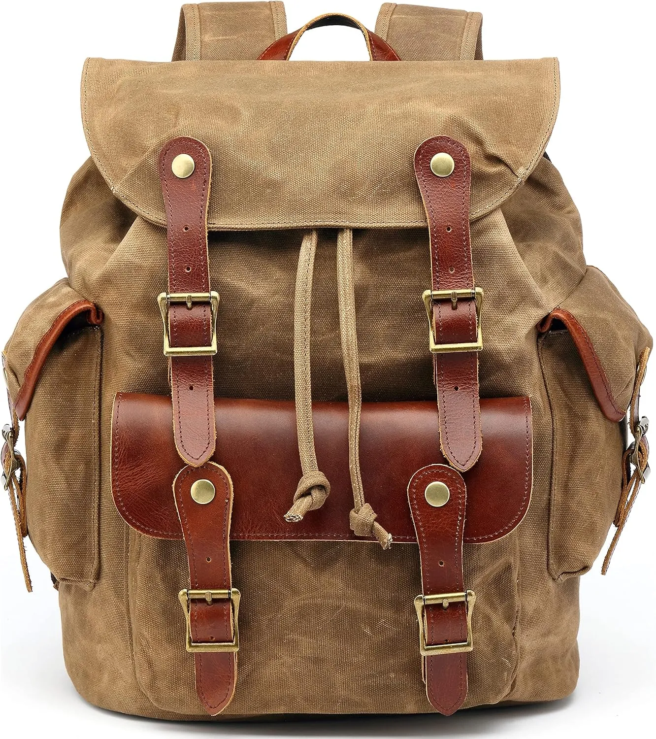 HuaChen Vintage Waxed Canvas Leather Backpack for Men, Military Tactical Army Camping Rucksack for Travel