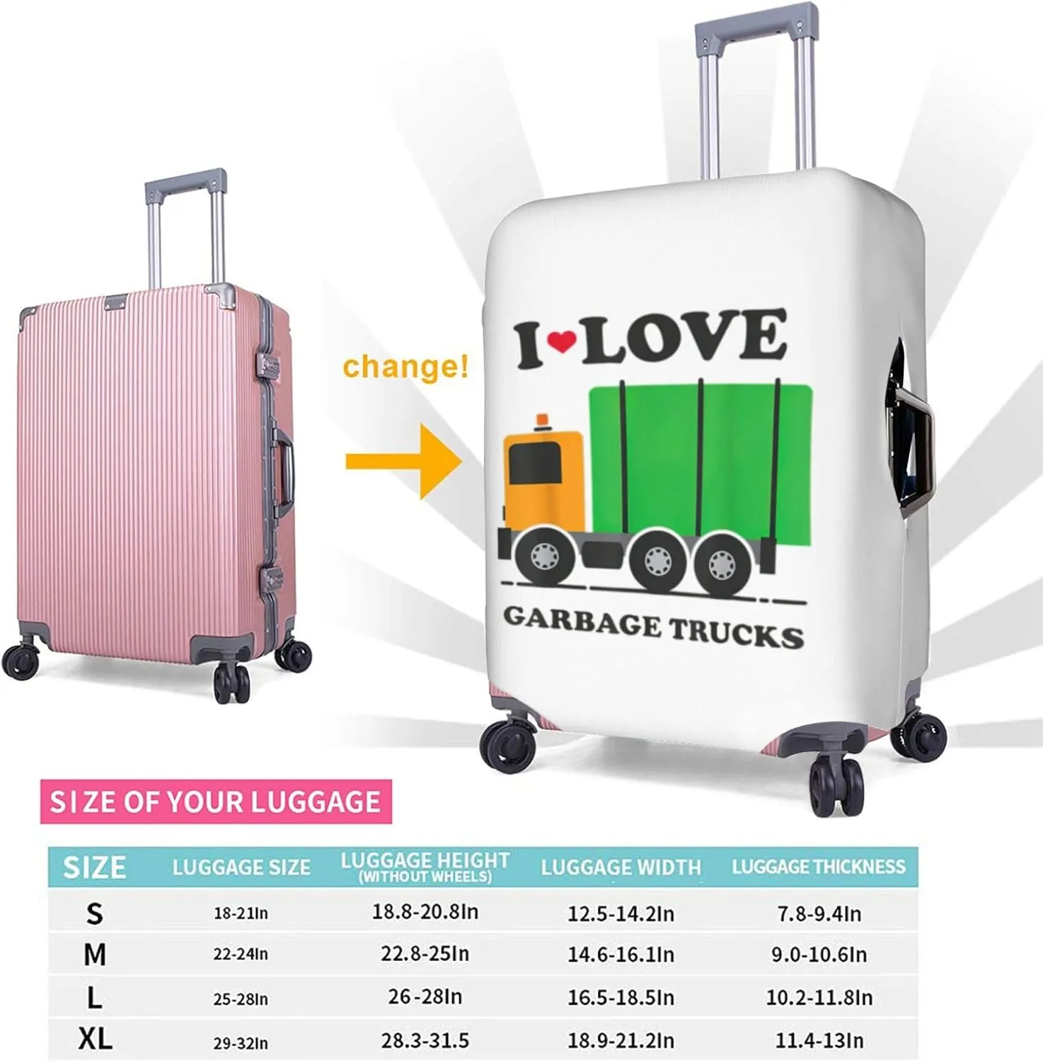 I Love Garbage Trucks Print Luggage Cover For Suitcases, Elastic Travel Bag For Luggage, Stylish Design