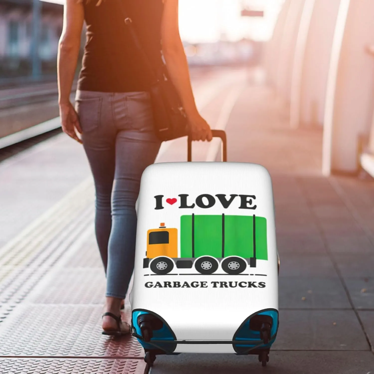 I Love Garbage Trucks Print Luggage Cover For Suitcases, Elastic Travel Bag For Luggage, Stylish Design