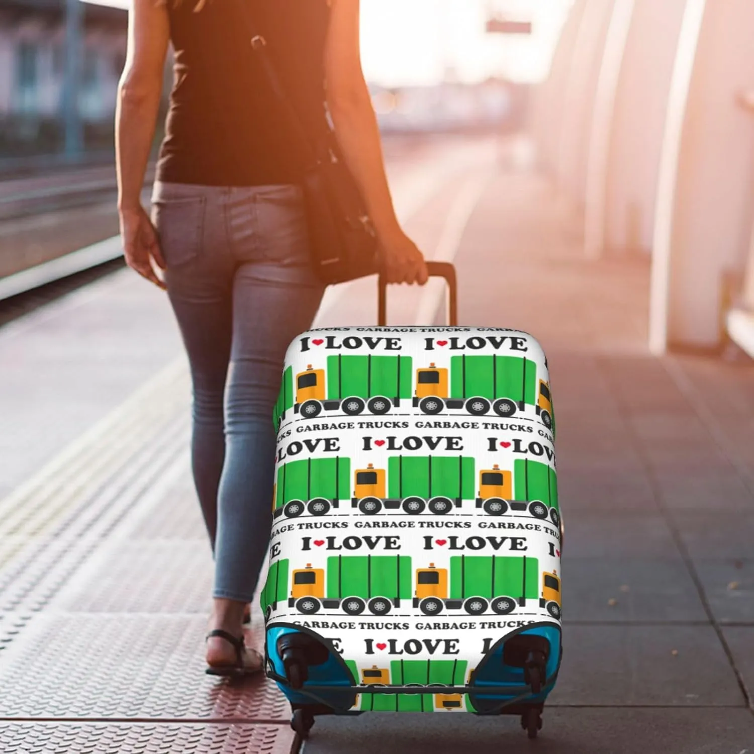 I Love Garbage Trucks Travel Box Protective Cover,Travel Luggage Cover,Suitcase Protector Fits 18-32 In,Suitcase Cover, Large