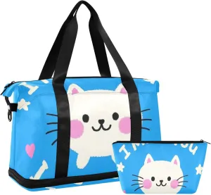 I Miss You Cartoon Cute White Cat Gym Duffel Bag Weekender Travel Overnight Bag with Toiletry Bag for Hiking Foldable