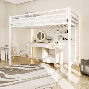 ikalido Metal Loft Bed Twin Size with Safety Guardrail and Ladder, No Box Spring Needed Space Saving Bedroom Furniture,Cream White