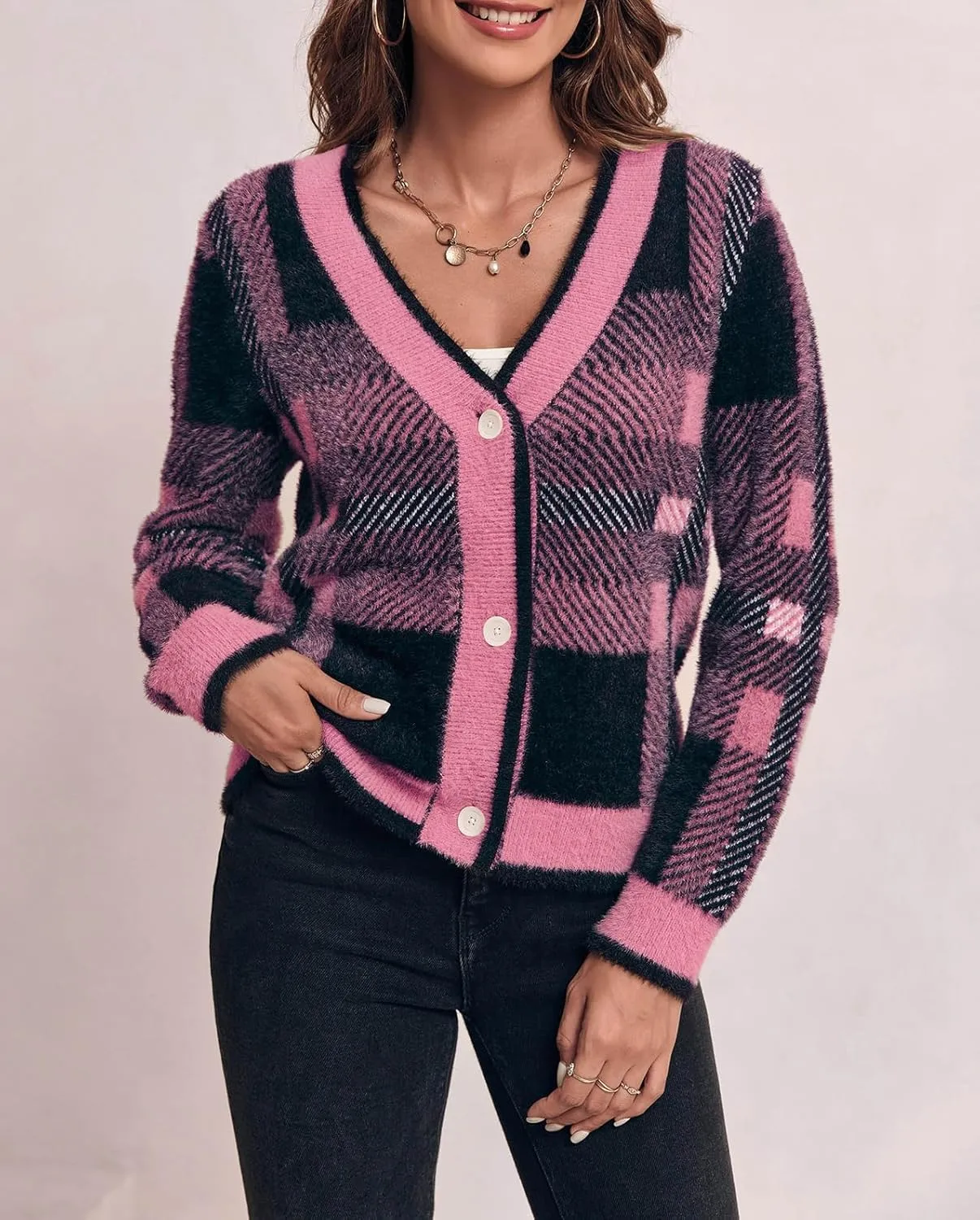 Imily Bela Womens Cardigan Sweaters Plaid Fuzzy Knit V Neck Button Down Long Sleeve Cozy Cardigans Pullover Tops
