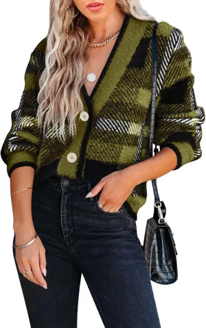 Imily Bela Womens Cardigan Sweaters Plaid Fuzzy Knit V Neck Button Down Long Sleeve Cozy Cardigans Pullover Tops