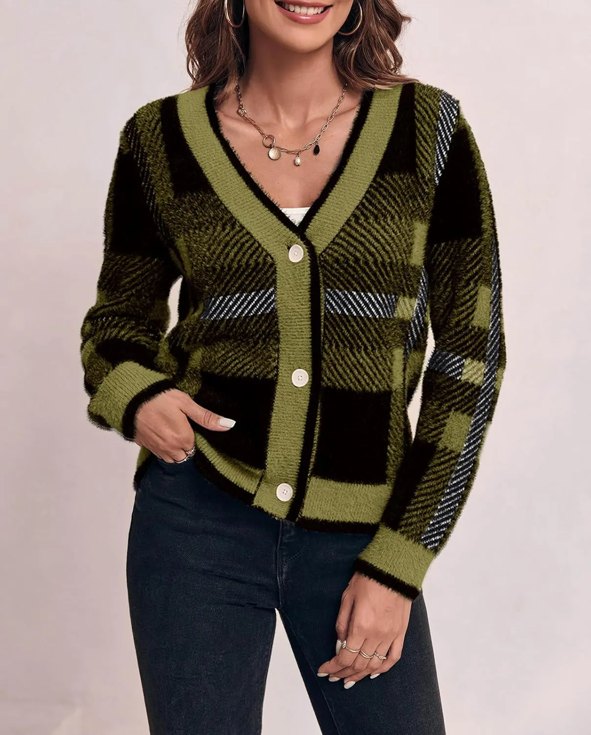 Imily Bela Womens Cardigan Sweaters Plaid Fuzzy Knit V Neck Button Down Long Sleeve Cozy Cardigans Pullover Tops