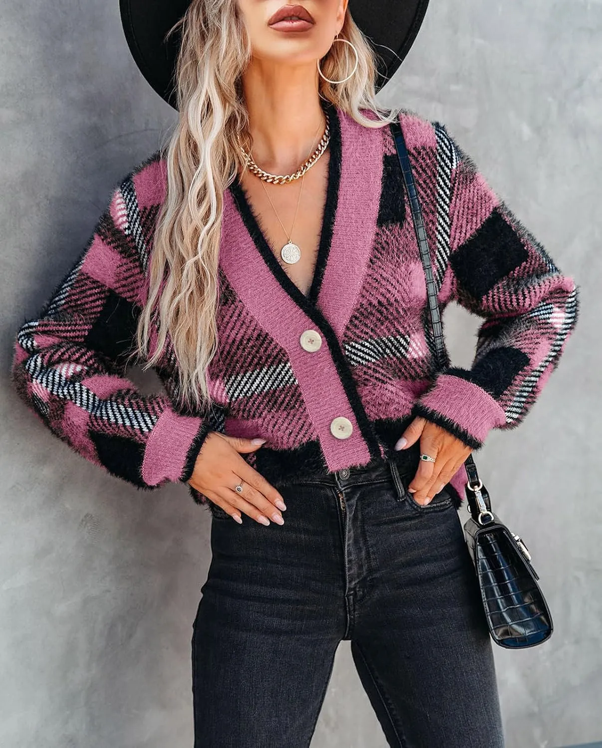 Imily Bela Womens Cardigan Sweaters Plaid Fuzzy Knit V Neck Button Down Long Sleeve Cozy Cardigans Pullover Tops