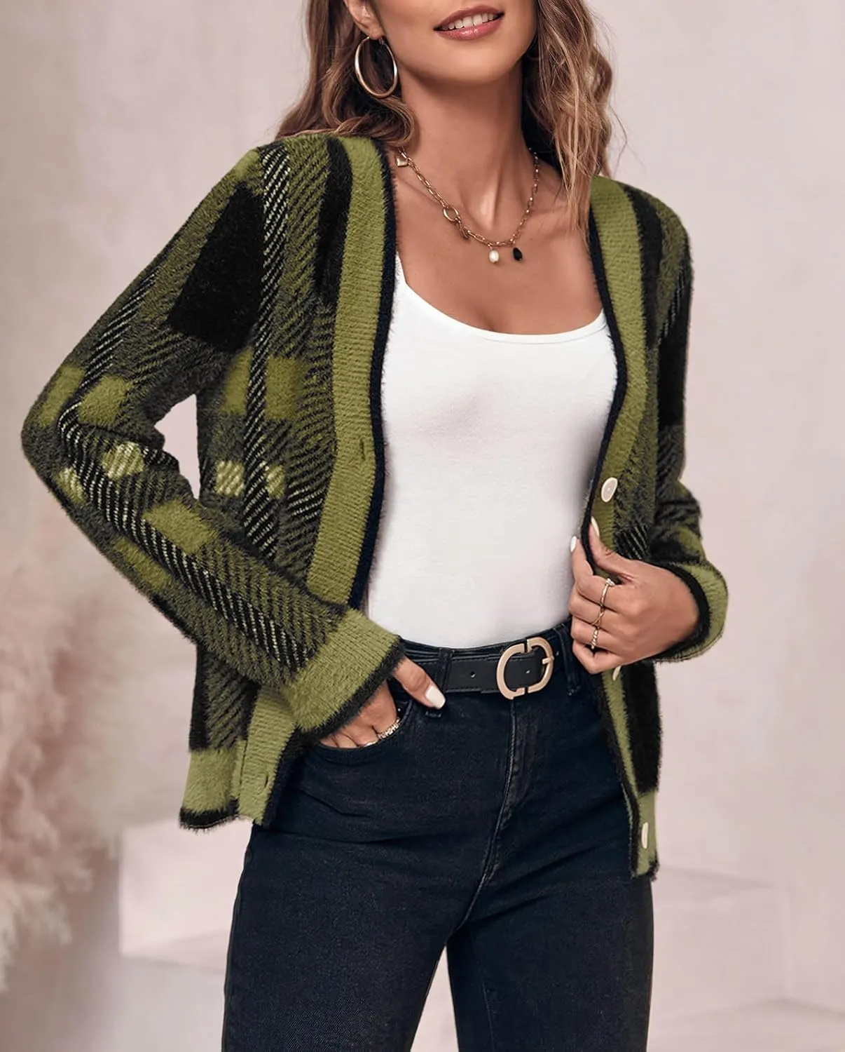 Imily Bela Womens Cardigan Sweaters Plaid Fuzzy Knit V Neck Button Down Long Sleeve Cozy Cardigans Pullover Tops